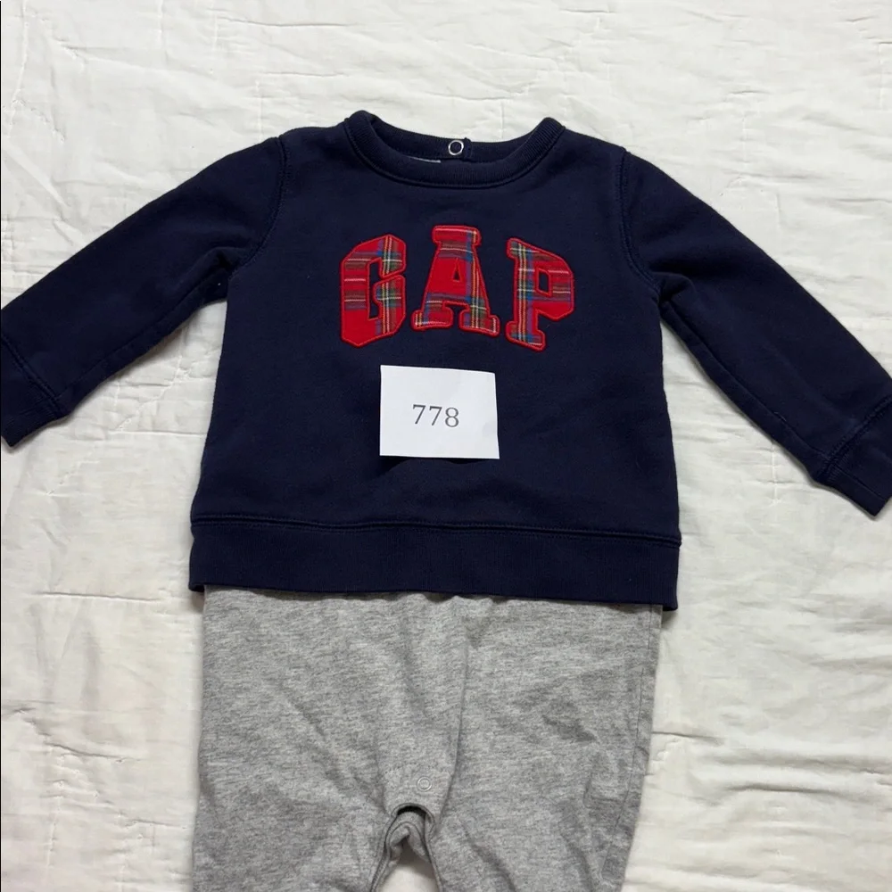 Baby Gap Navy Blue &‎ Gray Plaid Logo Toddler Jumpsuit One-Piece